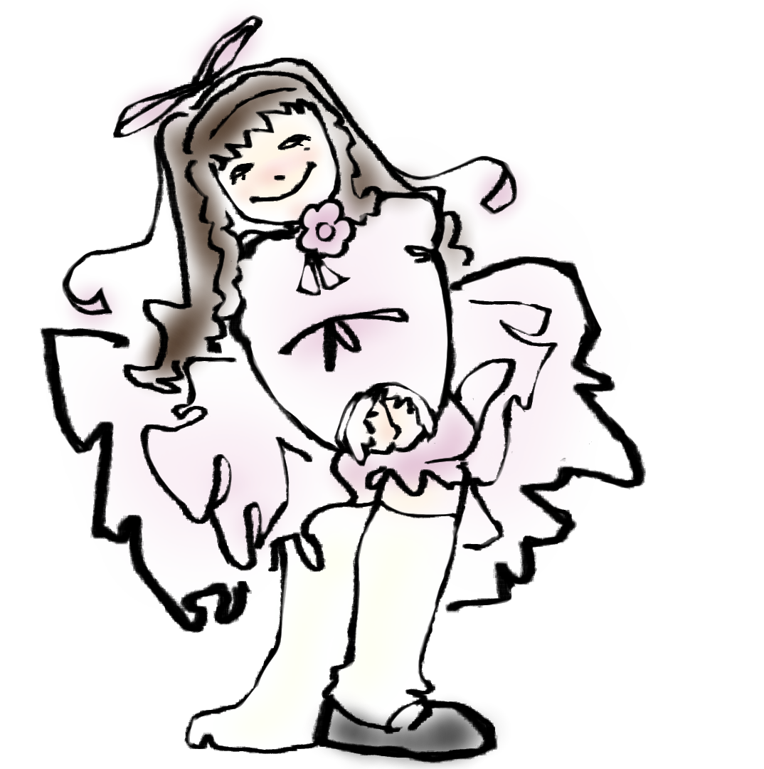 a drawn image of princess sophie-louise, a young woman in a frilly pink dress and missing a shoe. shes tilted to the left, her hands are clasped together and she smiles mischievously with a side glance.